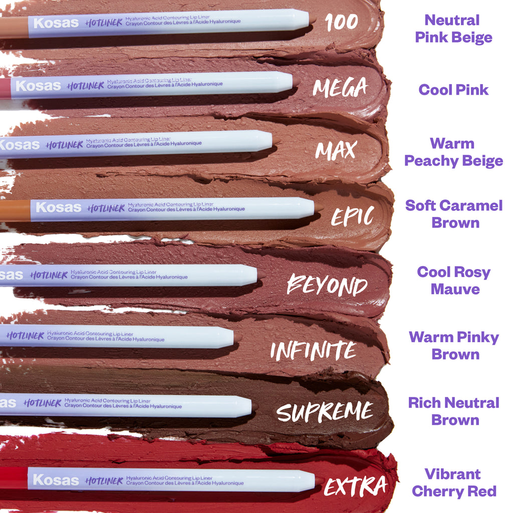 Kosas-Hotliner Hyaluronic Acid Contouring Lip Liner-Makeup-10_SwatchLineupWhitecopy-The Detox Market | Always